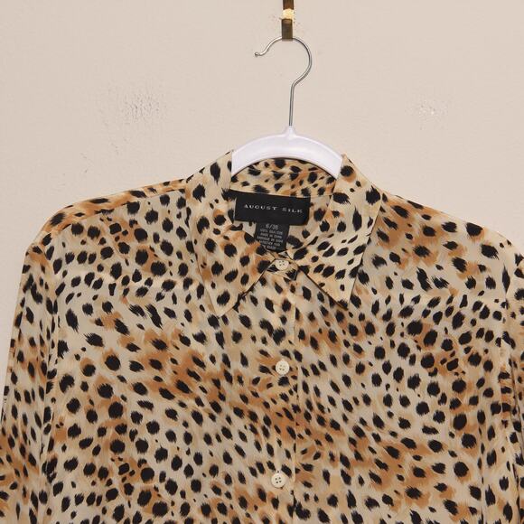 August Silk Animal Print Silk Blouse Top Size 6/36 Long Sleeve Collar - Picture 3 of 9